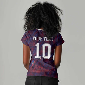 Custom Haiti National Football Women V-Neck T-Shirt Les Grenadiers Feather Pattern Coat Of Arms Art