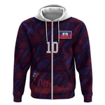 Custom Haiti National Football Zip Hoodie Les Grenadiers Feather Pattern Coat Of Arms Art