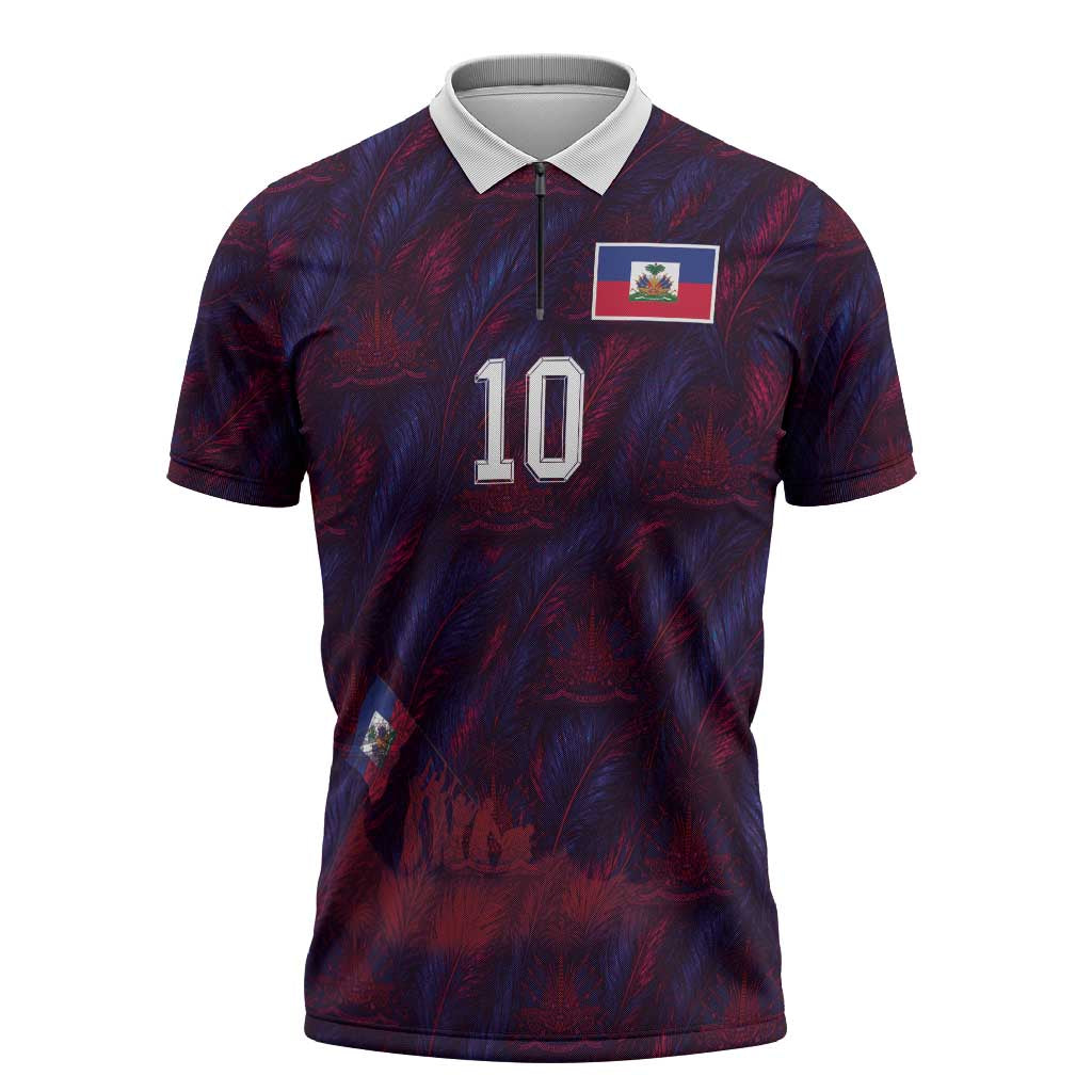 Custom Haiti National Football Zipper Polo Shirt Les Grenadiers Feather Pattern Coat Of Arms Art