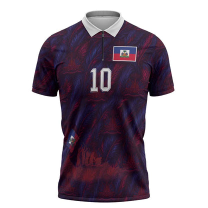 Custom Haiti National Football Zipper Polo Shirt Les Grenadiers Feather Pattern Coat Of Arms Art