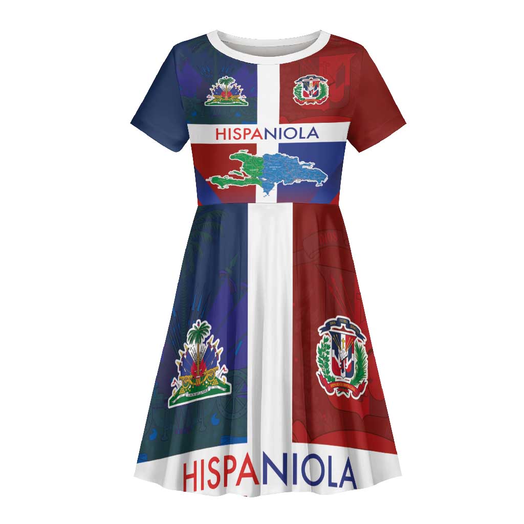 Hispaniola Kid Short Sleeve Dress Haiti and Dominican Republic Emblems and Flag Style