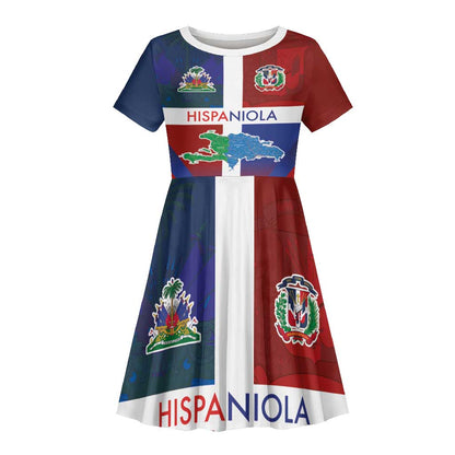 Hispaniola Kid Short Sleeve Dress Haiti and Dominican Republic Emblems and Flag Style