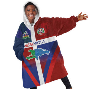 Hispaniola Kid Wearable Blanket Hoodie Haiti and Dominican Republic Emblems and Flag Style