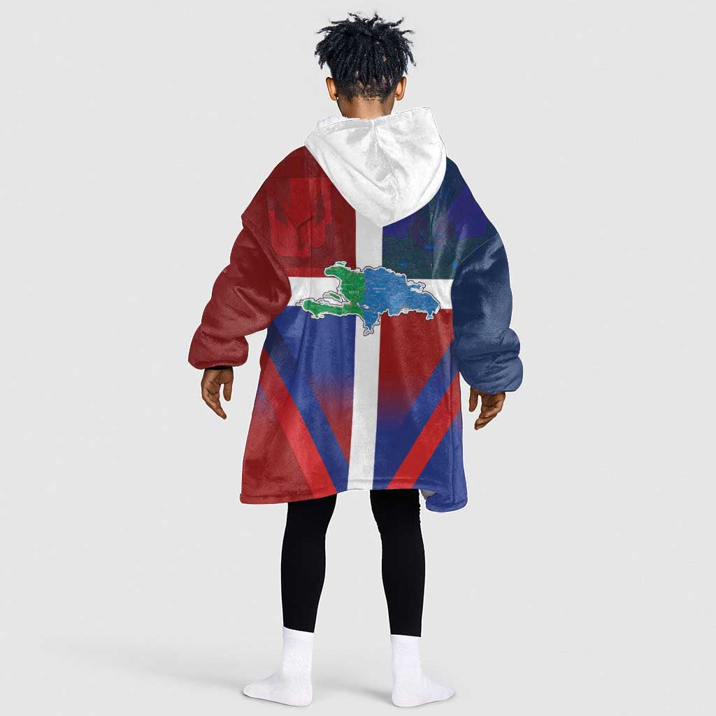 Hispaniola Kid Wearable Blanket Hoodie Haiti and Dominican Republic Emblems and Flag Style
