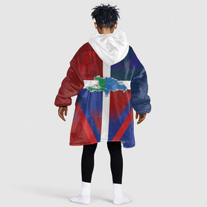Hispaniola Kid Wearable Blanket Hoodie Haiti and Dominican Republic Emblems and Flag Style