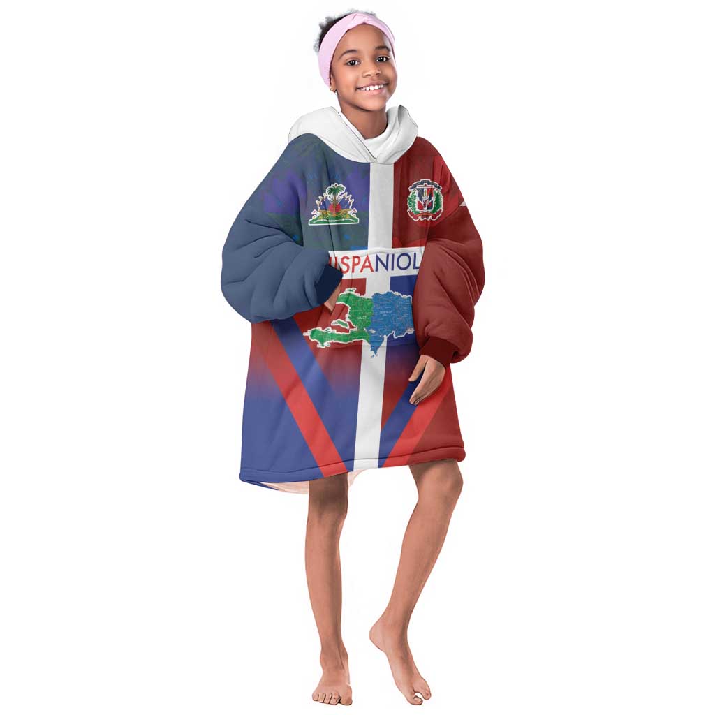 Hispaniola Kid Wearable Blanket Hoodie Haiti and Dominican Republic Emblems and Flag Style