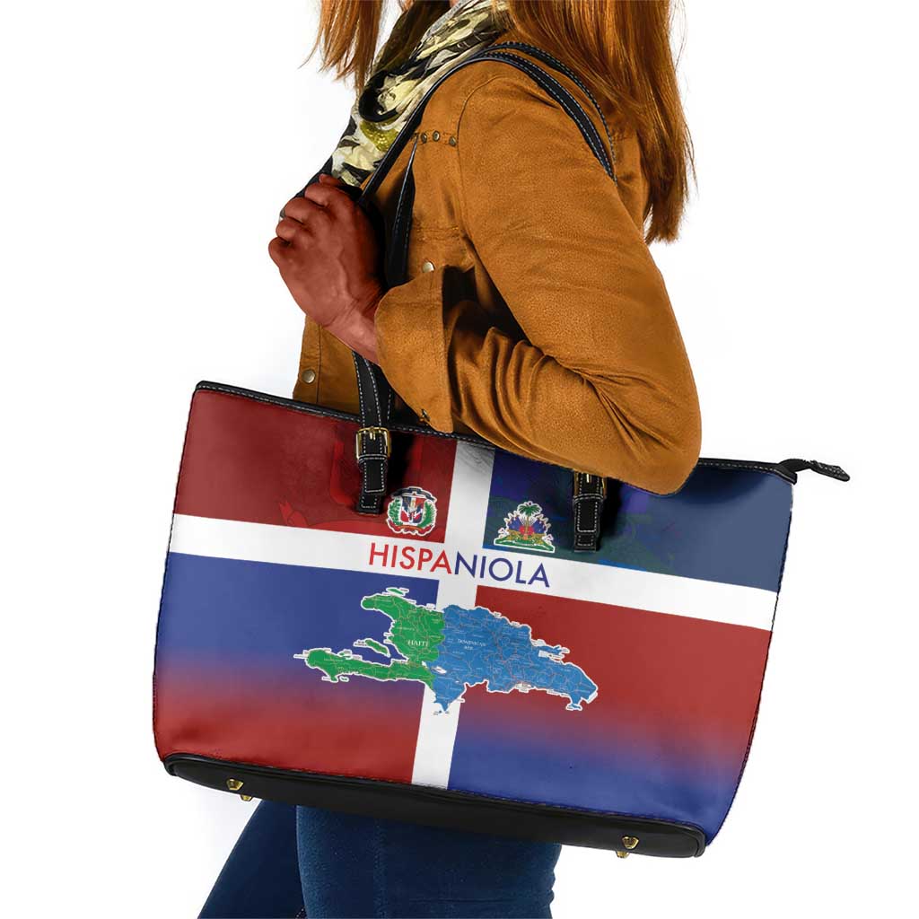 Hispaniola Leather Tote Bag Haiti and Dominican Republic Emblems and Flag Style