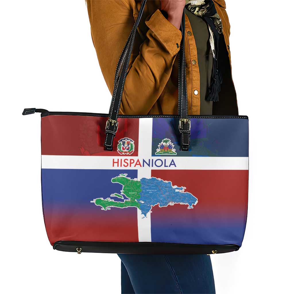Hispaniola Leather Tote Bag Haiti and Dominican Republic Emblems and Flag Style