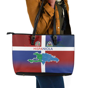 Hispaniola Leather Tote Bag Haiti and Dominican Republic Emblems and Flag Style