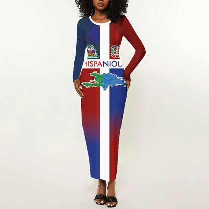 Hispaniola Long Sleeve Bodycon Dress Haiti and Dominican Republic Emblems and Flag Style LT03