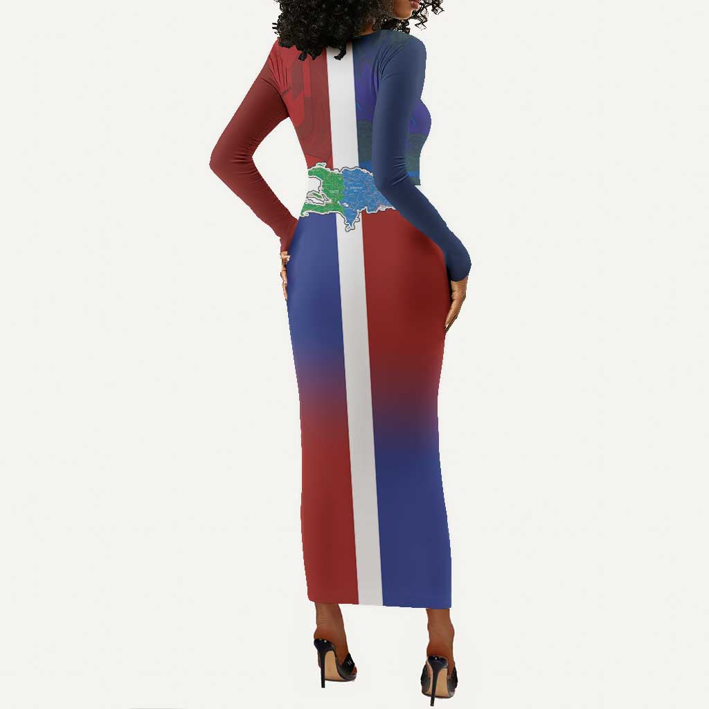 Hispaniola Long Sleeve Bodycon Dress Haiti and Dominican Republic Emblems and Flag Style LT03