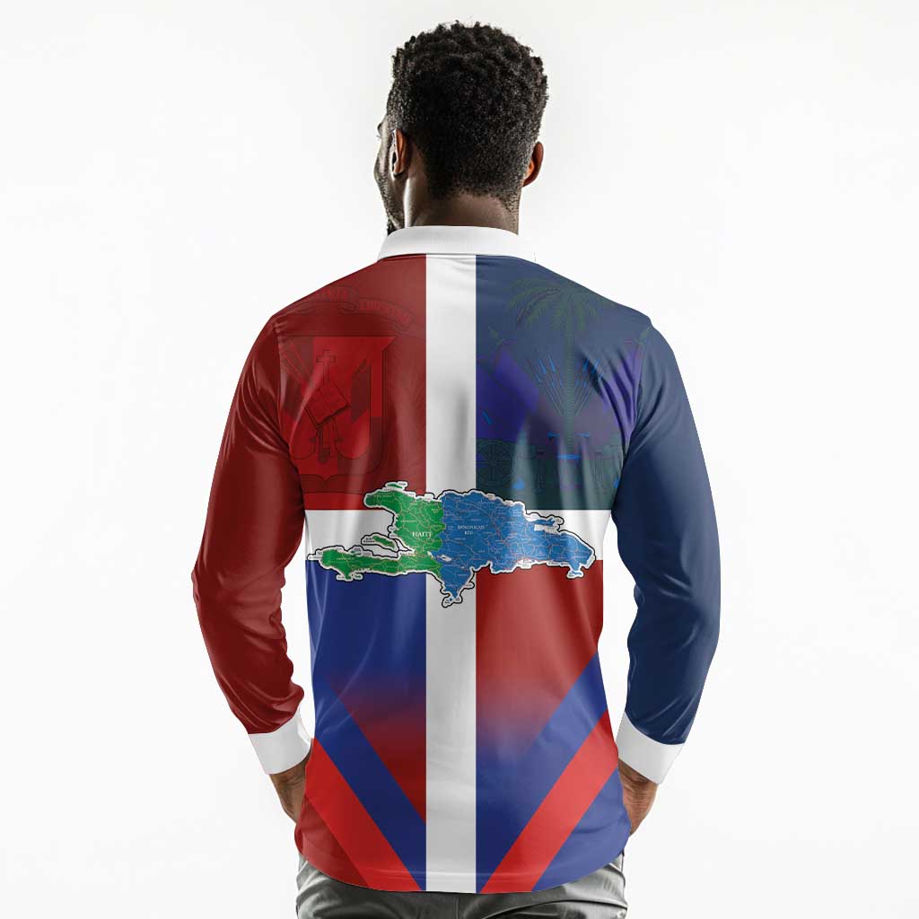 Hispaniola Long Sleeve Polo Shirt Haiti and Dominican Republic Emblems and Flag Style