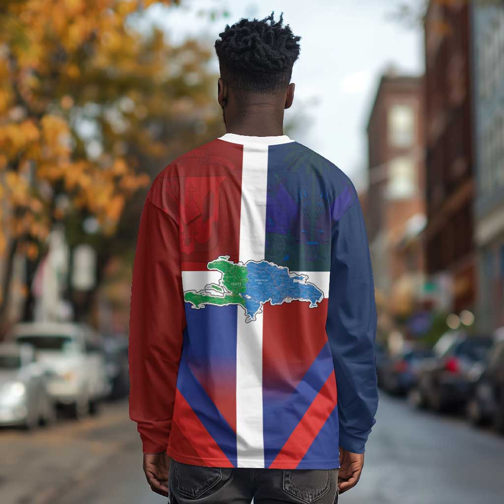 Hispaniola Long Sleeve Shirt Haiti and Dominican Republic Emblems and Flag Style