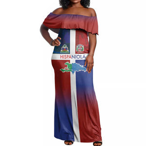 Hispaniola Off Shoulder Maxi Dress Haiti and Dominican Republic Emblems and Flag Style