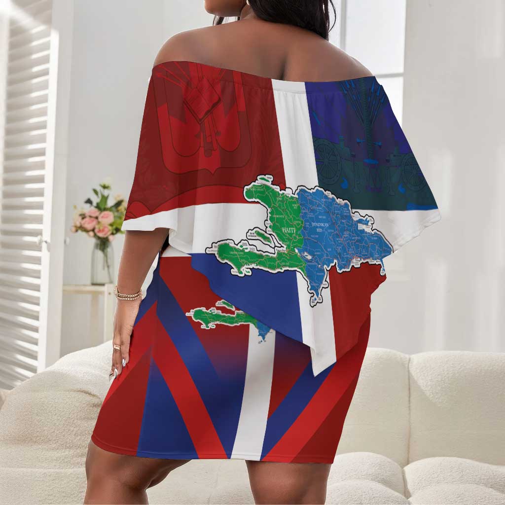 Hispaniola Off Shoulder Short Dress Haiti and Dominican Republic Emblems and Flag Style