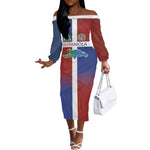Hispaniola Off The Shoulder Long Sleeve Dress Haiti and Dominican Republic Emblems and Flag Style