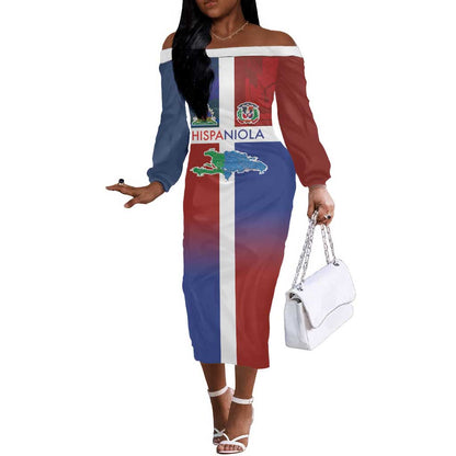 Hispaniola Off The Shoulder Long Sleeve Dress Haiti and Dominican Republic Emblems and Flag Style