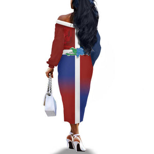 Hispaniola Off The Shoulder Long Sleeve Dress Haiti and Dominican Republic Emblems and Flag Style