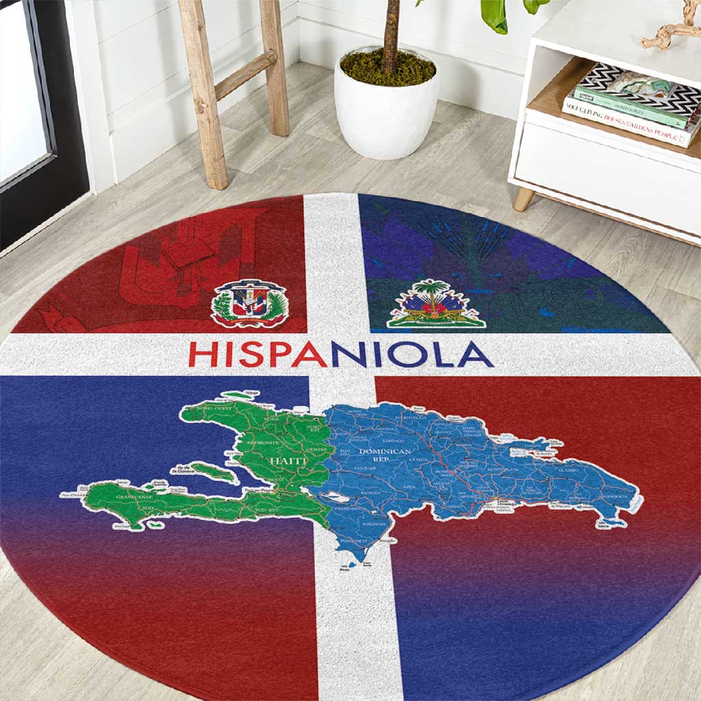 Hispaniola Round Carpet Haiti and Dominican Republic Emblems and Flag Style