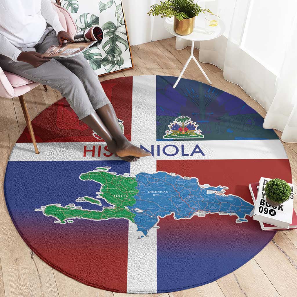 Hispaniola Round Carpet Haiti and Dominican Republic Emblems and Flag Style