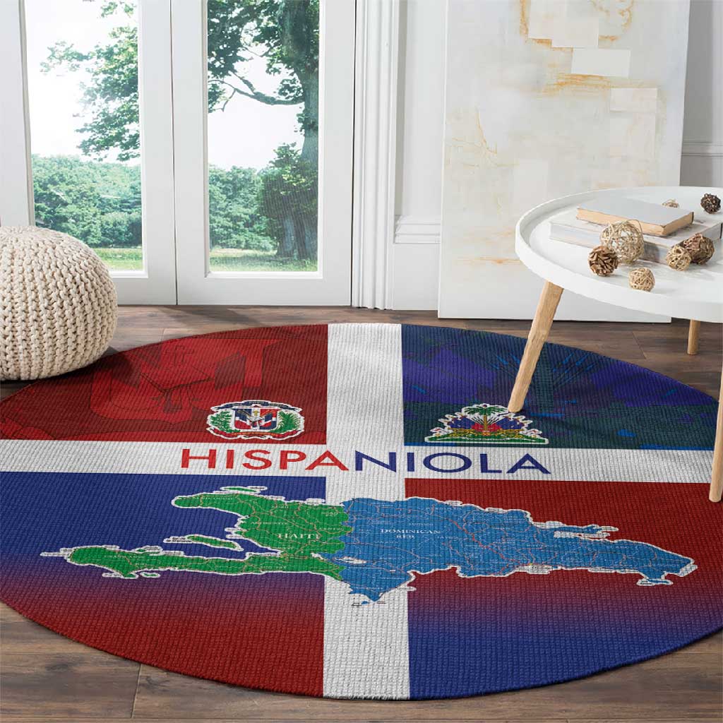 Hispaniola Round Carpet Haiti and Dominican Republic Emblems and Flag Style