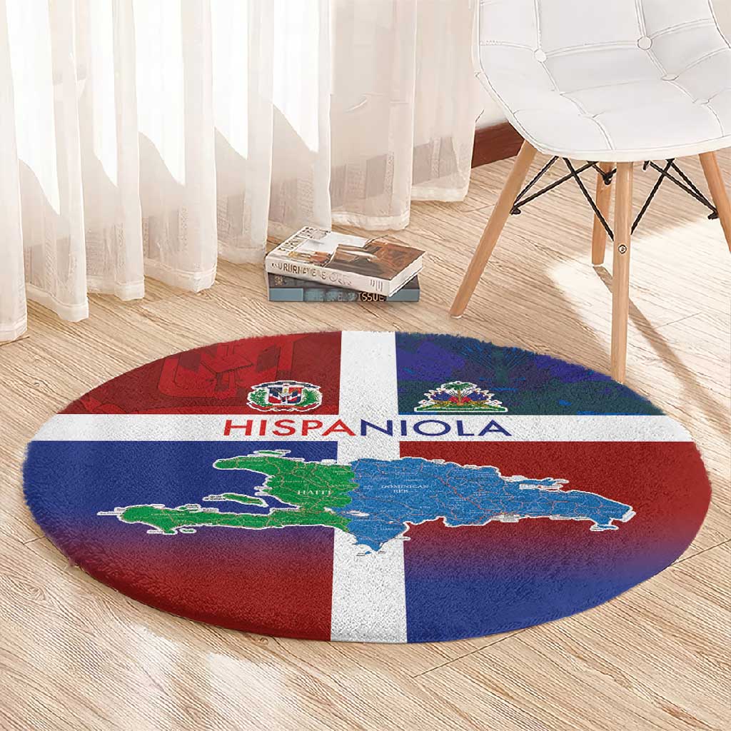 Hispaniola Round Carpet Haiti and Dominican Republic Emblems and Flag Style