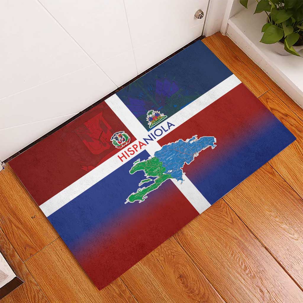 Hispaniola Rubber Doormat Haiti and Dominican Republic Emblems and Flag Style