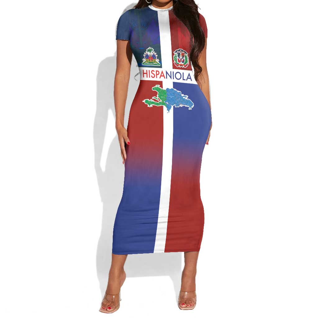 Hispaniola Short Sleeve Bodycon Dress Haiti and Dominican Republic Emblems and Flag Style LT03
