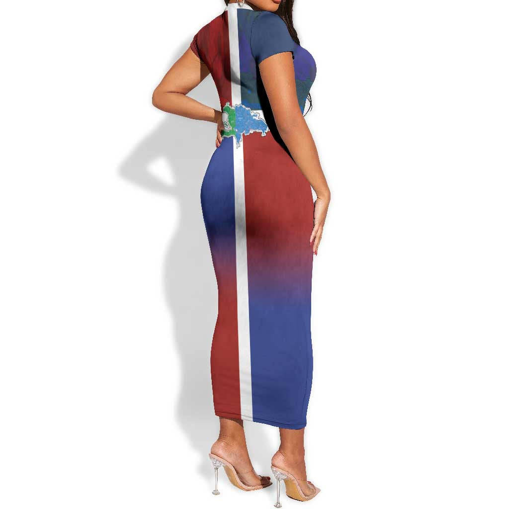 Hispaniola Short Sleeve Bodycon Dress Haiti and Dominican Republic Emblems and Flag Style LT03