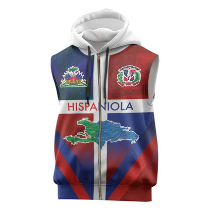 Hispaniola Sleeveless Zip Hoodie Haiti and Dominican Republic Emblems and Flag Style - African Pride