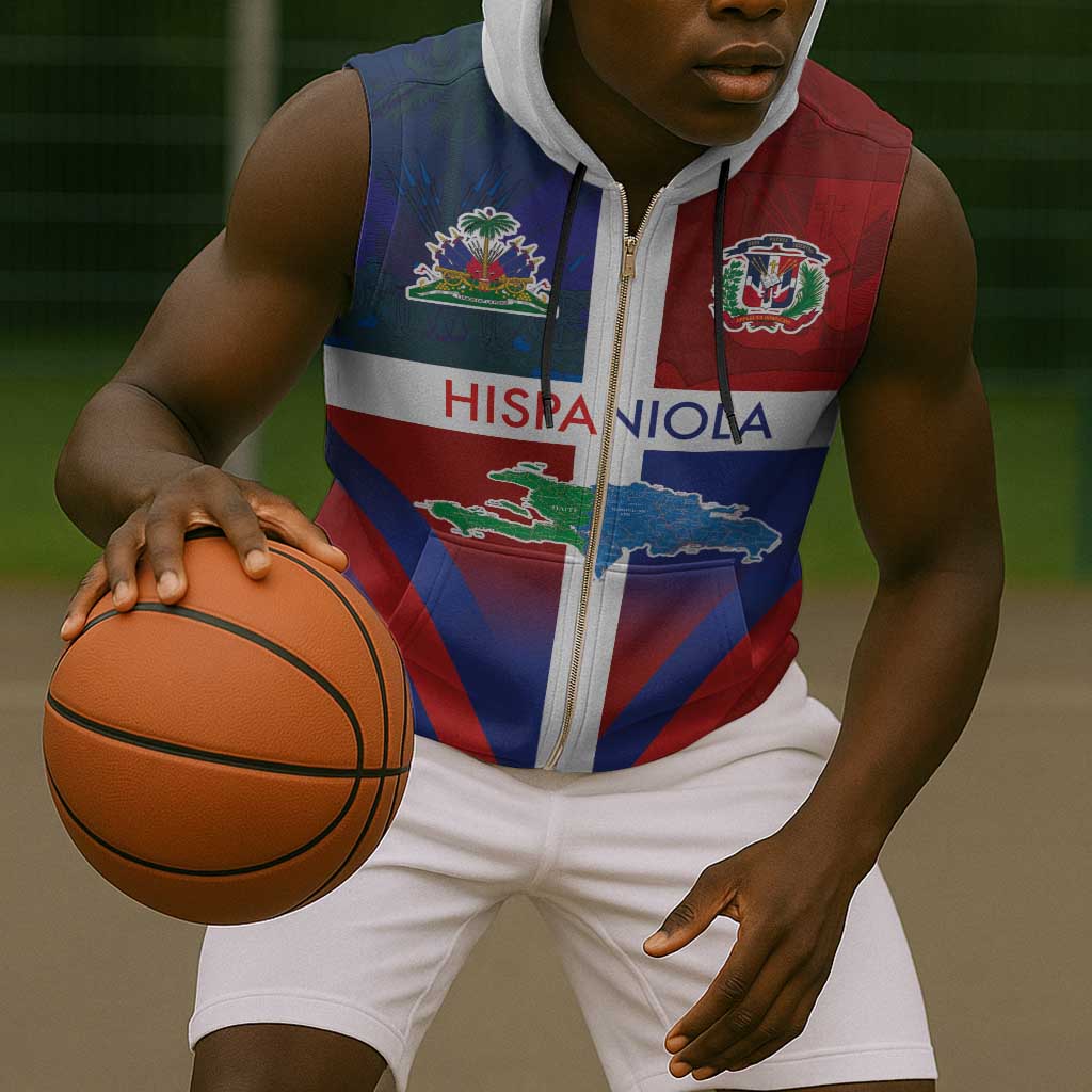 Hispaniola Sleeveless Zip Hoodie Haiti and Dominican Republic Emblems and Flag Style - African Pride