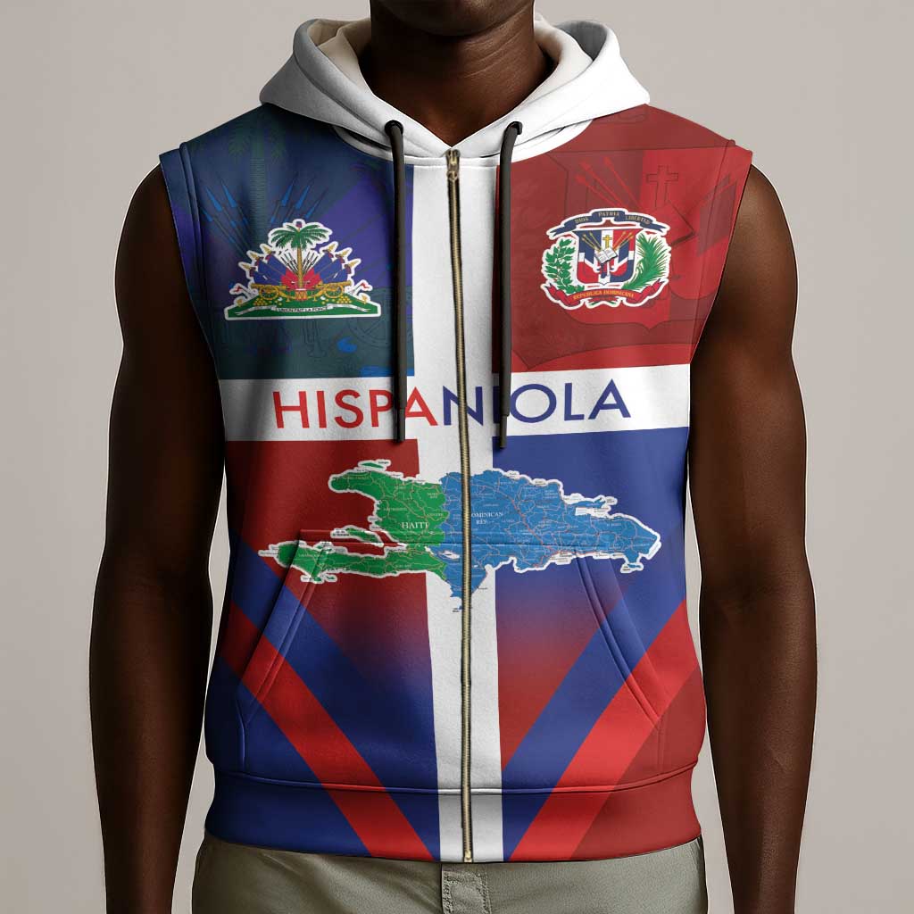 Hispaniola Sleeveless Zip Hoodie Haiti and Dominican Republic Emblems and Flag Style - African Pride