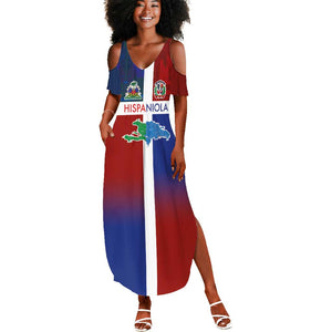Hispaniola Summer Maxi Dress Haiti and Dominican Republic Emblems and Flag Style