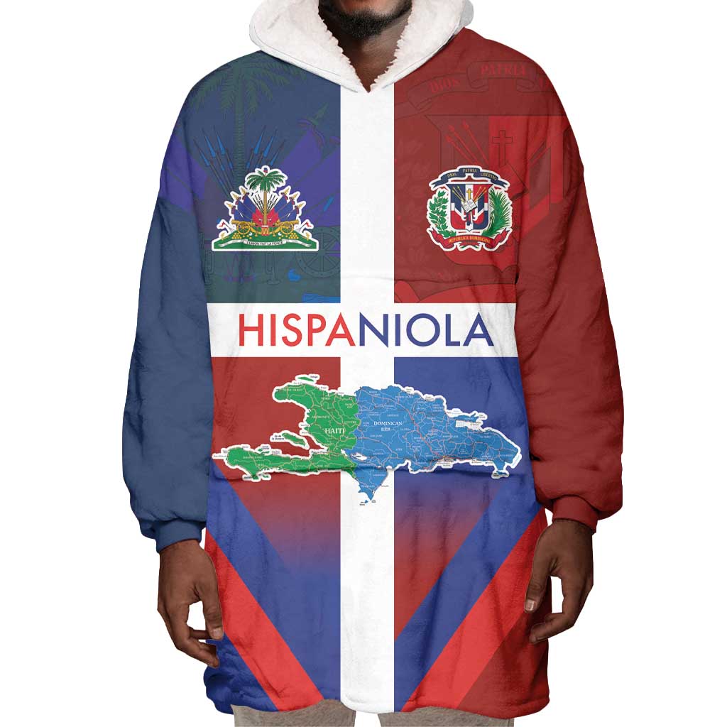 Hispaniola Wearable Blanket Hoodie Haiti and Dominican Republic Emblems and Flag Style