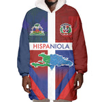 Hispaniola Wearable Blanket Hoodie Haiti and Dominican Republic Emblems and Flag Style