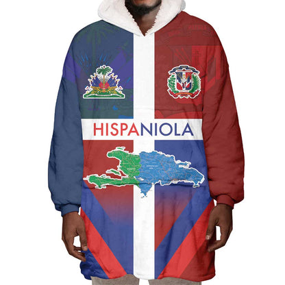 Hispaniola Wearable Blanket Hoodie Haiti and Dominican Republic Emblems and Flag Style