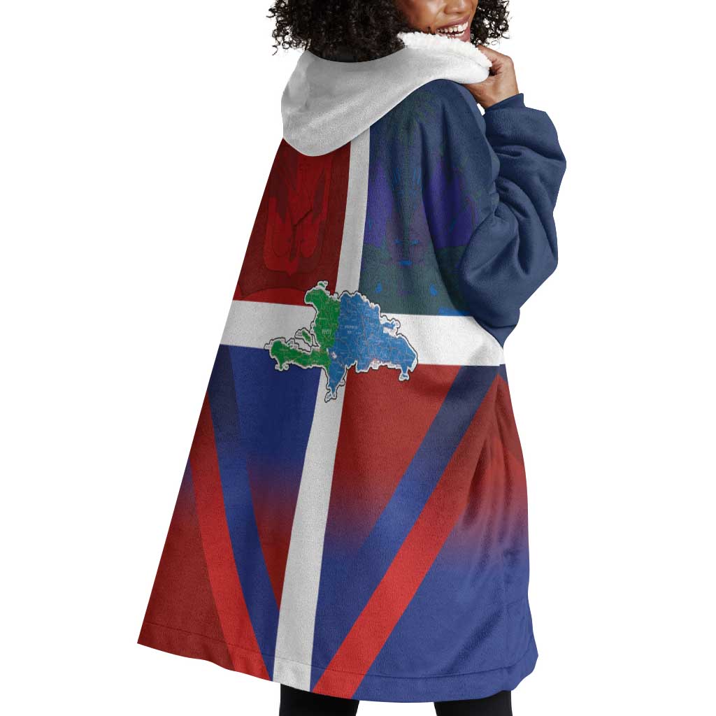 Hispaniola Wearable Blanket Hoodie Haiti and Dominican Republic Emblems and Flag Style