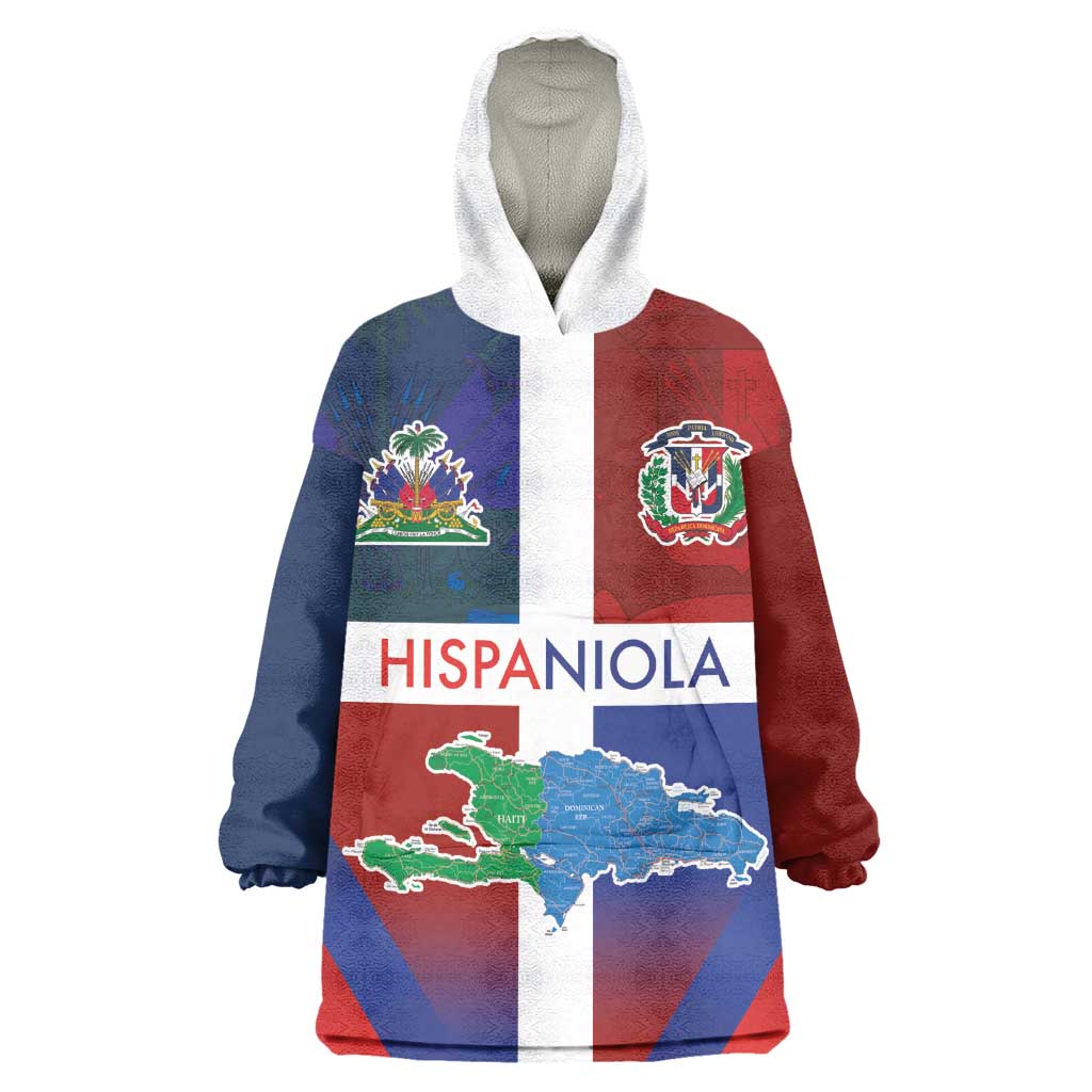 Hispaniola Wearable Blanket Hoodie Haiti and Dominican Republic Emblems and Flag Style