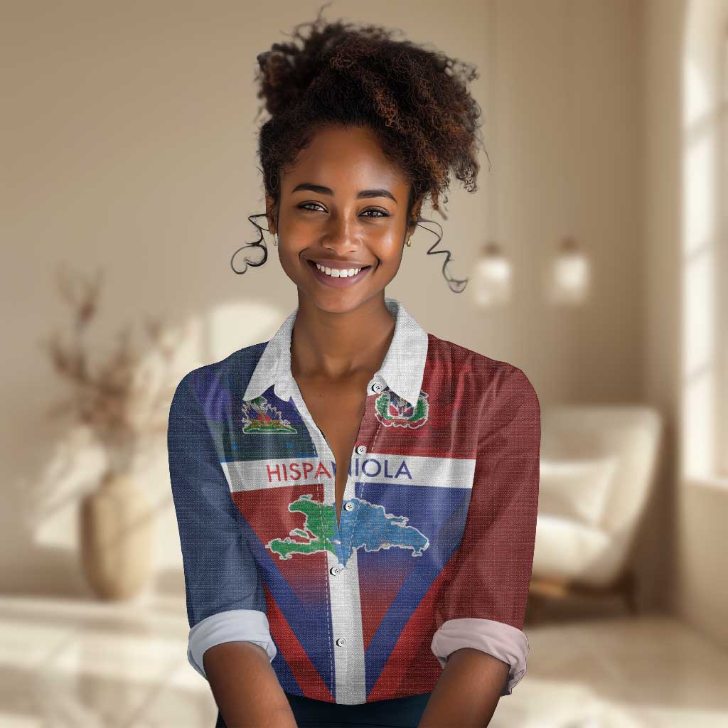 Hispaniola Women Casual Shirt Haiti and Dominican Republic Emblems and Flag Style