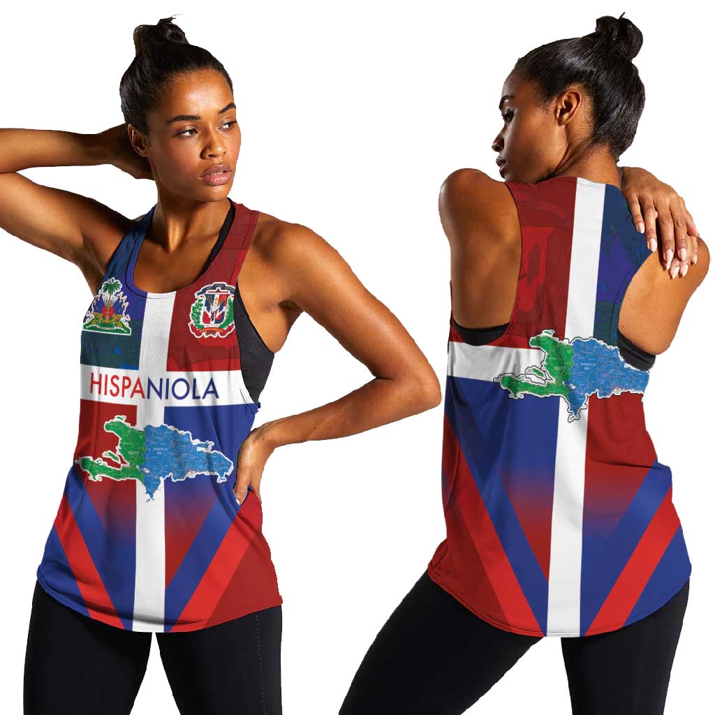 Hispaniola Women Racerback Tank Haiti and Dominican Republic Emblems and Flag Style