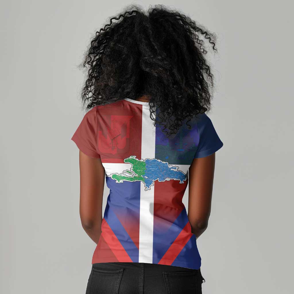 Hispaniola Women V-Neck T-Shirt Haiti and Dominican Republic Emblems and Flag Style