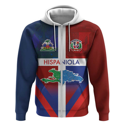 Hispaniola Zip Hoodie Haiti and Dominican Republic Emblems and Flag Style