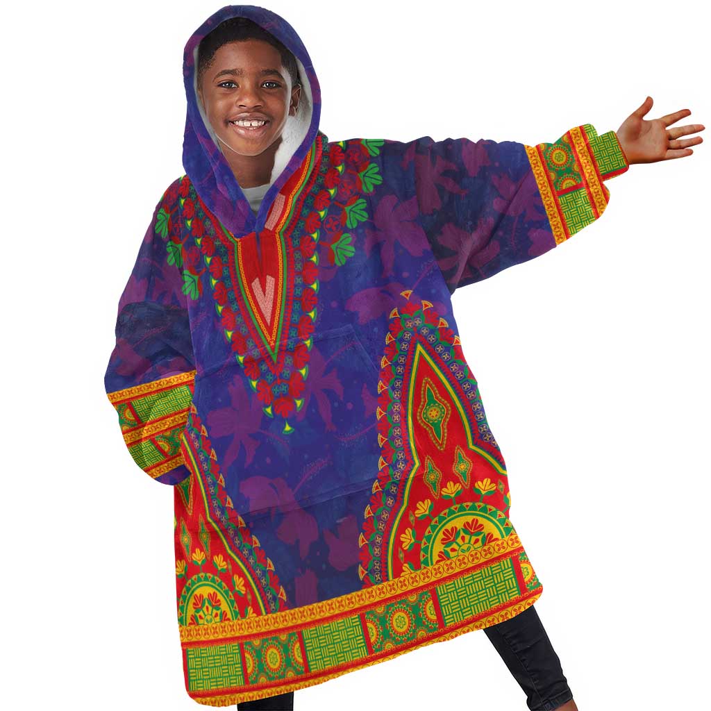 Haiti Kid Wearable Blanket Hoodie Choeblack Dashiki Style Blue Color