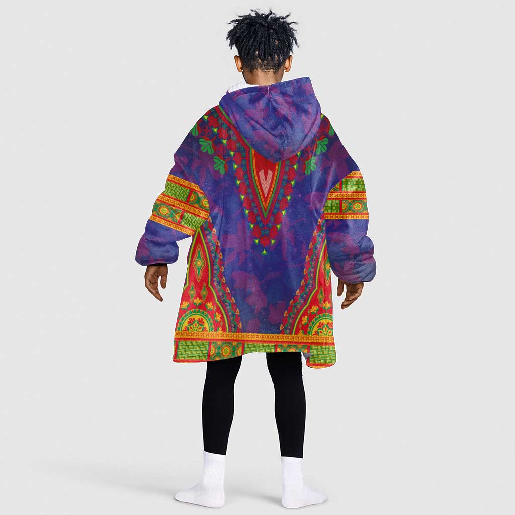 Haiti Kid Wearable Blanket Hoodie Choeblack Dashiki Style Blue Color