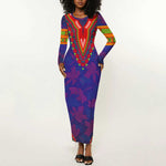 Haiti Long Sleeve Bodycon Dress Choeblack Dashiki Style Blue Color LT03