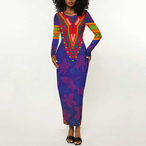 Haiti Long Sleeve Bodycon Dress Choeblack Dashiki Style Blue Color LT03
