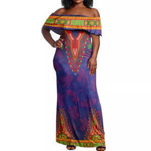 Haiti Off Shoulder Maxi Dress Choeblack Dashiki Style Blue Color