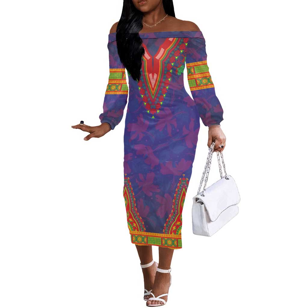 Haiti Off The Shoulder Long Sleeve Dress Choeblack Dashiki Style Blue Color