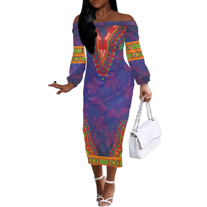 Haiti Off The Shoulder Long Sleeve Dress Choeblack Dashiki Style Blue Color