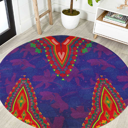 Haiti Round Carpet Choeblack Dashiki Style Blue Color